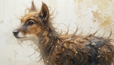 A stunning artistic depiction of a fox with intricate textures and warm colors. The focus is on its