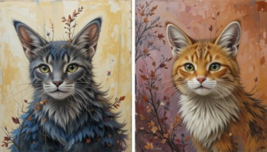 A stunning artistic diptych features portraits of two cats, one gray and one orange, adorned with