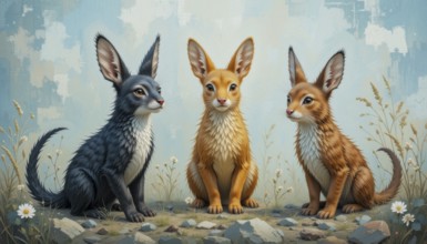 Three stylized rabbits with large ears sitting on a rocky ground, set against a soft blue sky