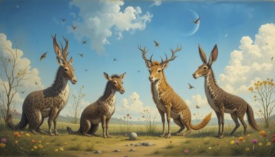 A surreal painting depicts four fantastical creatures with deer-like features in a whimsical meadow