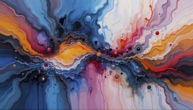 An abstract artwork showcasing a vibrant explosion of colors with flowing, layered textures and