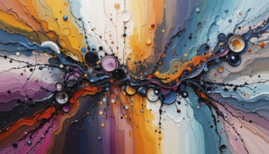 An abstract painting showcasing a vibrant explosion of colors, flowing lines, and textured details.