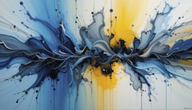 Abstract painting featuring fluid shapes and colors, evoking a sense of motion and artistic