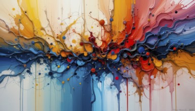 Abstract artwork featuring a dynamic explosion of colors and textures, blending artistic expression