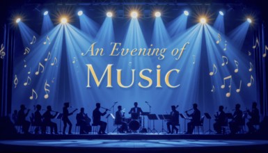 A stage featuring a musical performance with an orchestra, spotlights, and musical notes, creating