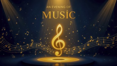 A vibrant poster for an evening of music, featuring a golden treble clef under spotlights with