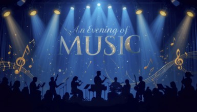 An artistic illustration depicting a musical performance. The stage is illuminated, with musicians