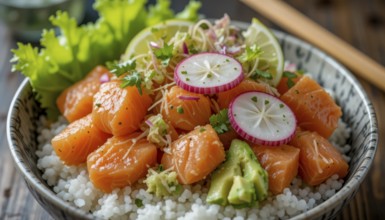 A close-up shot of a vibrant and delicious salmon poke bowl, filled with fresh ingredients, resting