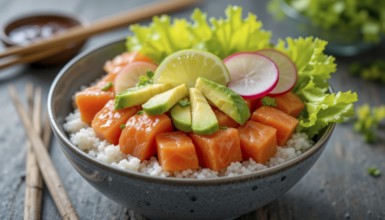 A close-up shot of a delicious salmon poke bowl with fresh avocado, radish, lime and lettuce,