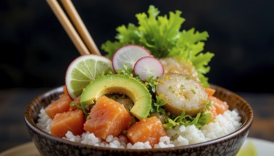 A close-up of a delicious poke bowl with salmon, avocado, radish, and lime. The chopsticks are