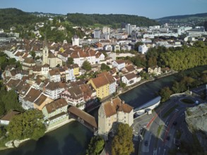 View of the old town with the parish church of Maria Himmelfahrt, in the background the ruins of