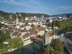 View of the old town with the parish church of Maria Himmelfahrt, in the background the ruins of