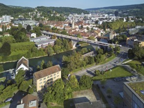 View of the town with the high bridge in front, the old town and the covered wooden bridge with the