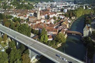 View of the old town with the high bridge in front, the old town and the covered wooden bridge with