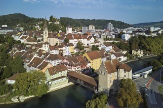 View of the old town with the parish church of Maria Himmelfahrt, in the background the ruins of