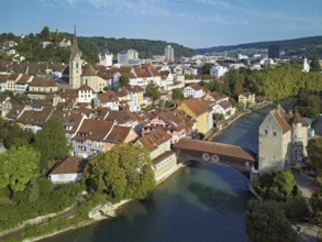 View of the old town with the parish church of Maria Himmelfahrt, in the background the ruins of