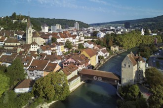 View of the old town with the parish church of Maria Himmelfahrt, in the background the ruins of