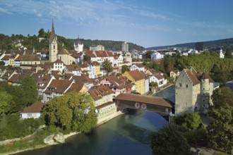 View of the old town with the parish church of Maria Himmelfahrt, in the background the ruins of