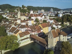 View of the old town with the parish church of Maria Himmelfahrt, in the background the ruins of