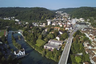 High bridge from above over the river Limmat, on the right the old town, Baden, Canton, Aargau,