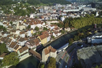 View of the old town with the parish church of Maria Himmelfahrt, in the background the ruins of