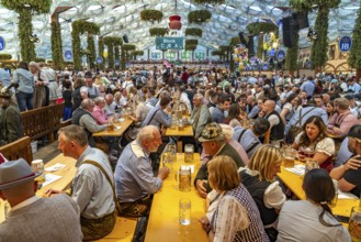 Visitors in the Hofbräu marquee at the Oktoberfest 2024 in Munich, Bavaria, Germany