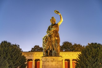 Ruhmeshalle and Bavaria Statue at dusk, Munich, Bavaria, Germany