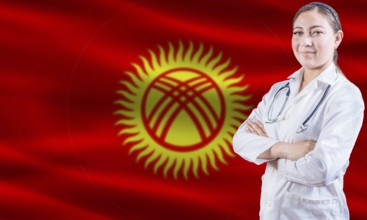Female doctor on Kyrgyzstan flag. Doctor with crossed arms on Kyrgyzstan flag. Kyrgyzstan health