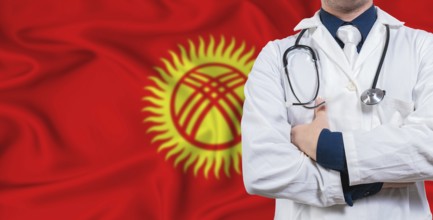 Male doctor with stethoscope on Kyrgyzstan flag. Doctor holding stethoscope on Kyrgyzstan flag