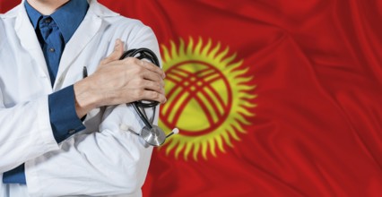Doctor with stethoscope on Kyrgyzstan flag. Doctor holding stethoscope on Kyrgyzstan flag