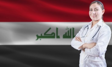 Female doctor on Iraq flag. Doctor with crossed arms on Iraq flag. Iraq health and care concept