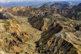 Mountain landscape, sunny, summer, river, riverbed, volcanic landscape, aerial view,