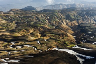 Mountain landscape, sunny, summer, snowfields, volcanic landscape, aerial view, Landmannalaugar,