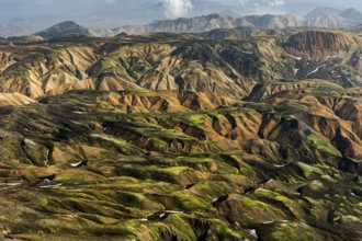 Mountain landscape, sunny, summer, volcanic landscape, aerial view, Landmannalaugar, Fjallabak