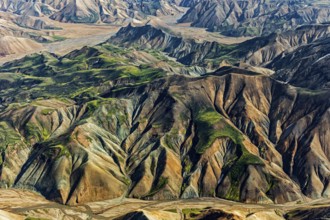 Mountain landscape, sunny, summer, volcanic landscape, aerial view, Landmannalaugar, Fjallabak