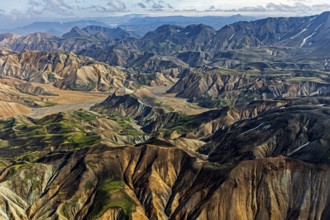 Mountain landscape, sunny, summer, volcanic landscape, aerial view, Landmannalaugar, Fjallabak