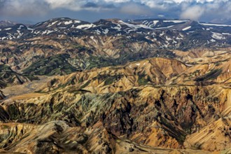 Mountain landscape, snowfields, sunny, summer, volcanic landscape, aerial view, Landmannalaugar,