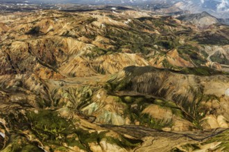 Mountain landscape, snowfields, sunny, summer, volcanic landscape, aerial view, Landmannalaugar,