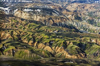 Mountain landscape, snowfields, sunny, summer, volcanic landscape, aerial view, Landmannalaugar,
