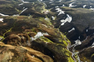 Mountain landscape, sunny, summer, hot springs, snowfields, volcanic landscape, aerial view,
