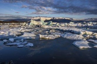Icebergs, ice floes, lake, glacier lagoon, glacier, mountains, clouds, summer, morning mood,