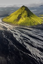 Mountain landscape, sunny, summer, volcanic landscape, river bed, river, aerial view, backlight,