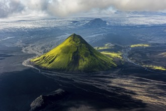 Mountain landscape, sunny, summer, volcanic landscape, river bed, river, aerial view, backlight,