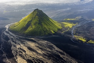 Mountain landscape, sunny, summer, volcanic landscape, river bed, river, aerial view, backlight,