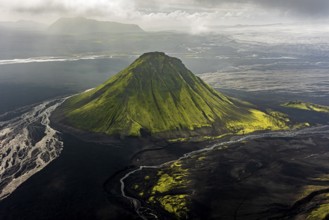 Mountain landscape, sunny, summer, volcanic landscape, river bed, river, aerial view, backlight,