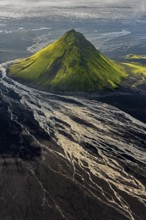 Mountain landscape, sunny, summer, volcanic landscape, river bed, river, aerial view, backlight,