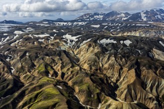 Mountain landscape, sunny, summer, snowfields, volcanic landscape, aerial view, Landmannalaugar,