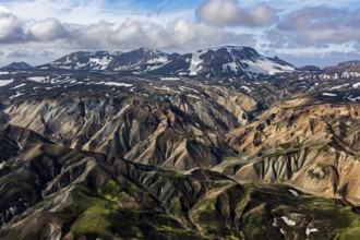 Mountain landscape, sunny, summer, snowfields, volcanic landscape, aerial view, Landmannalaugar,