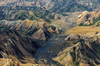 Mountain landscape, sunny, summer, river, riverbed, volcanic landscape, aerial view,