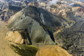Mountain landscape, sunny, summer, snowfields, lava field, volcanic landscape, aerial view,